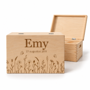 Houten memorybox gegraveerd met bloemen klein