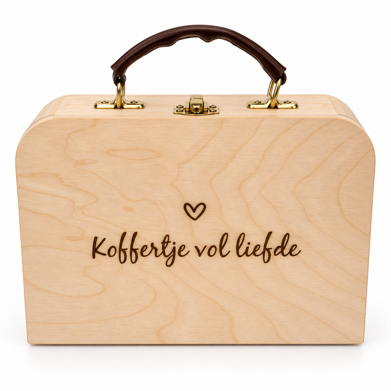 Houten koffertje met de tekst koffertje vol liefde