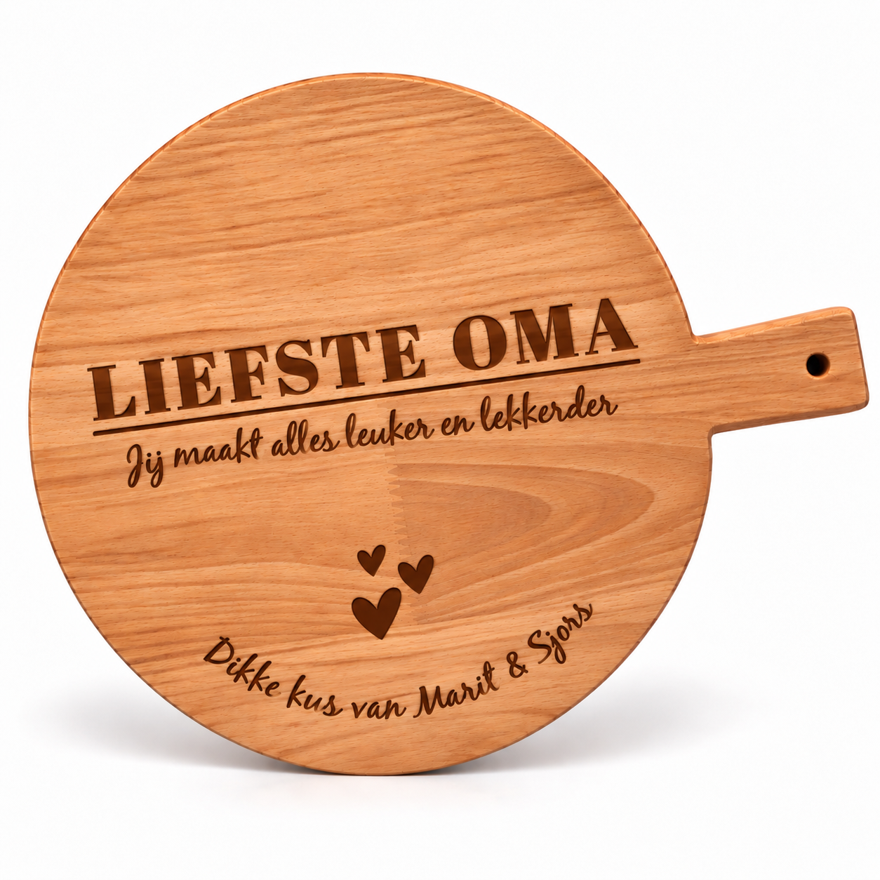 Houten borrelplank / serveerplank in beukenhout met gepersonaliseerde tekst