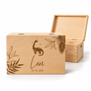 Houten memorybox dino met naam en geboortedatum gegraveerd