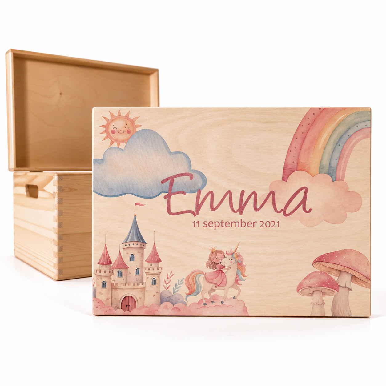 Houten memorybox met naam en geboortedatum met unicorn opdruk