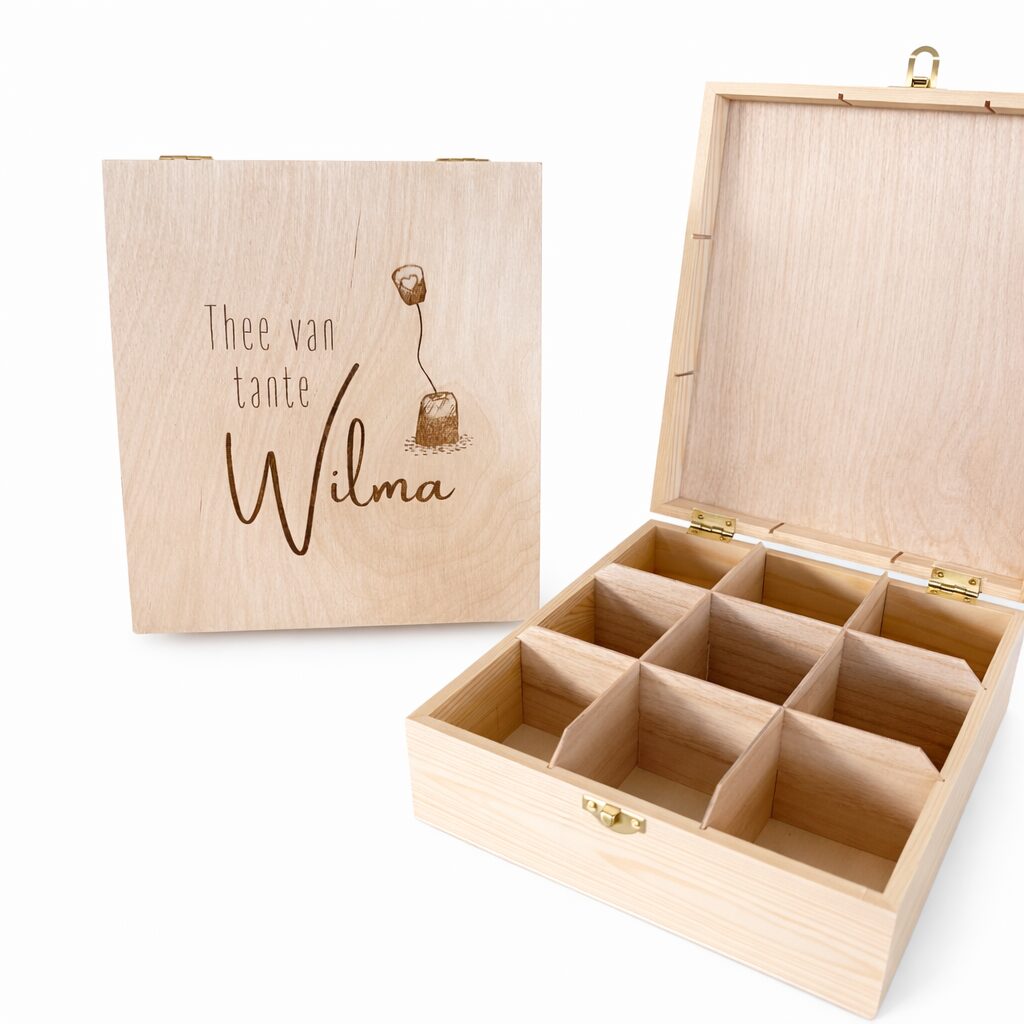 Houten gepersonaliseerde theedoos met eigen gewenste gegraveerde tekst