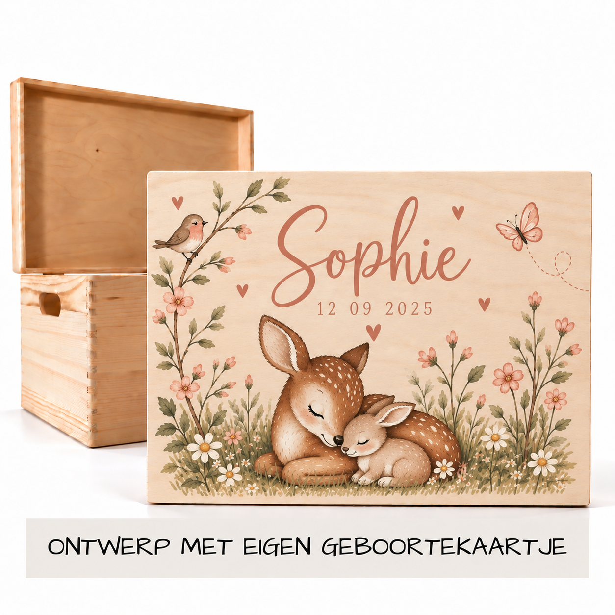Houten memorybox met kleuropdruk van eigen geboortekaartje met naam en geboortedatum
