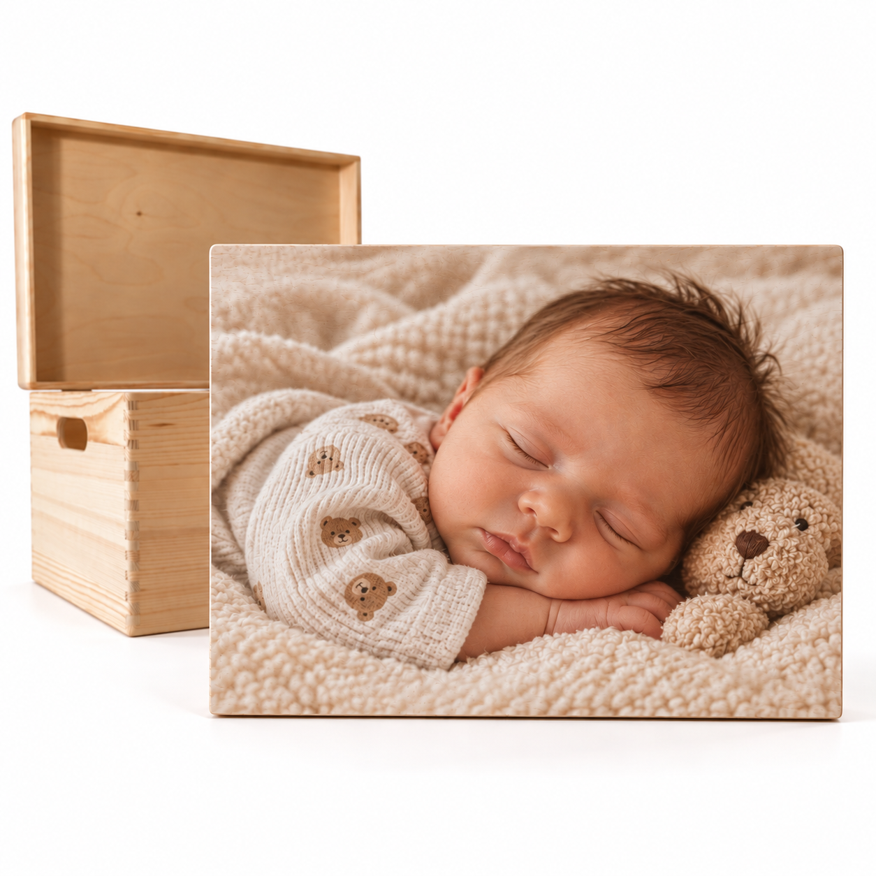 Houten memorybox met eigen foto als kraamcadeau met kleuropdruk