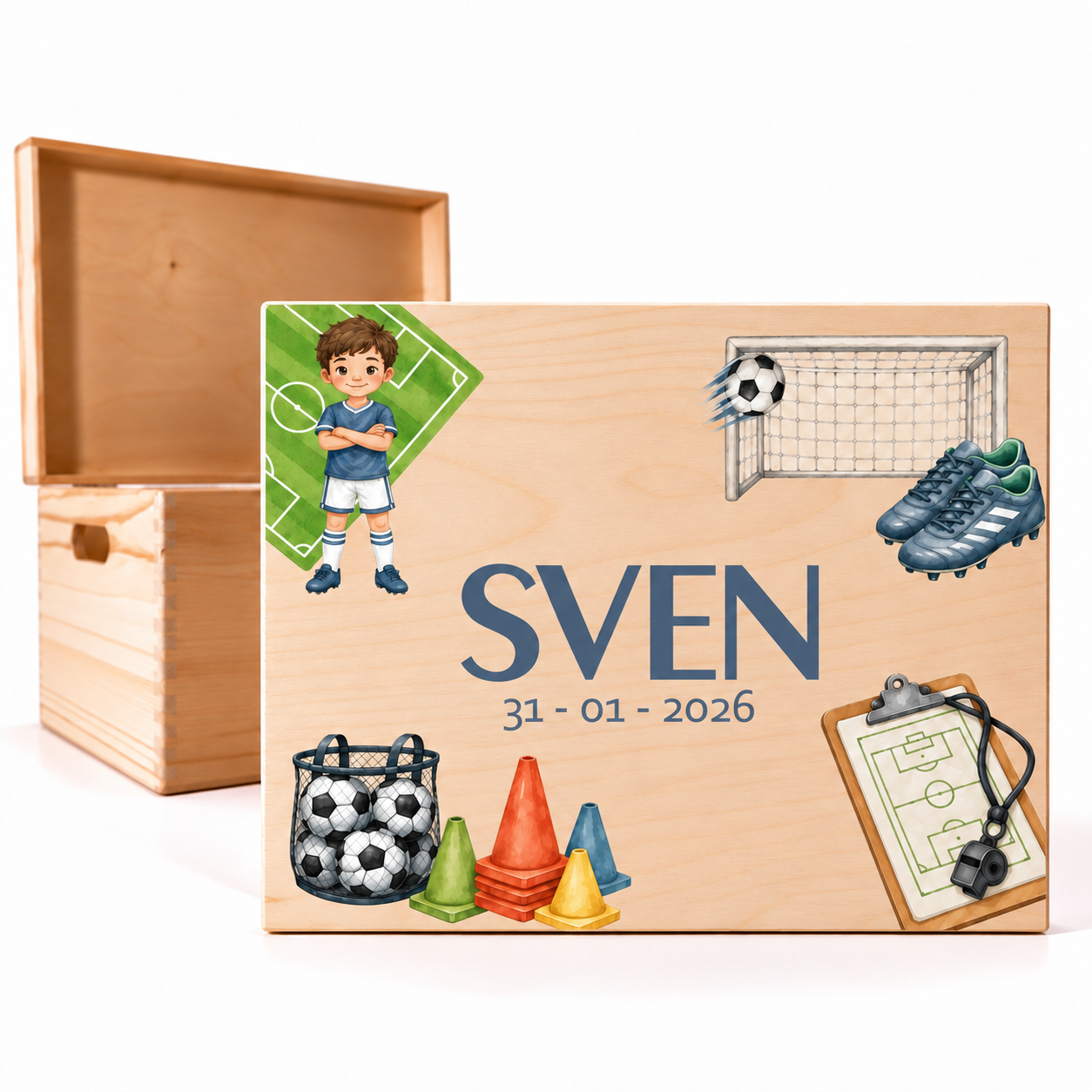 Houten memorybox met naam met voetbalontwerp